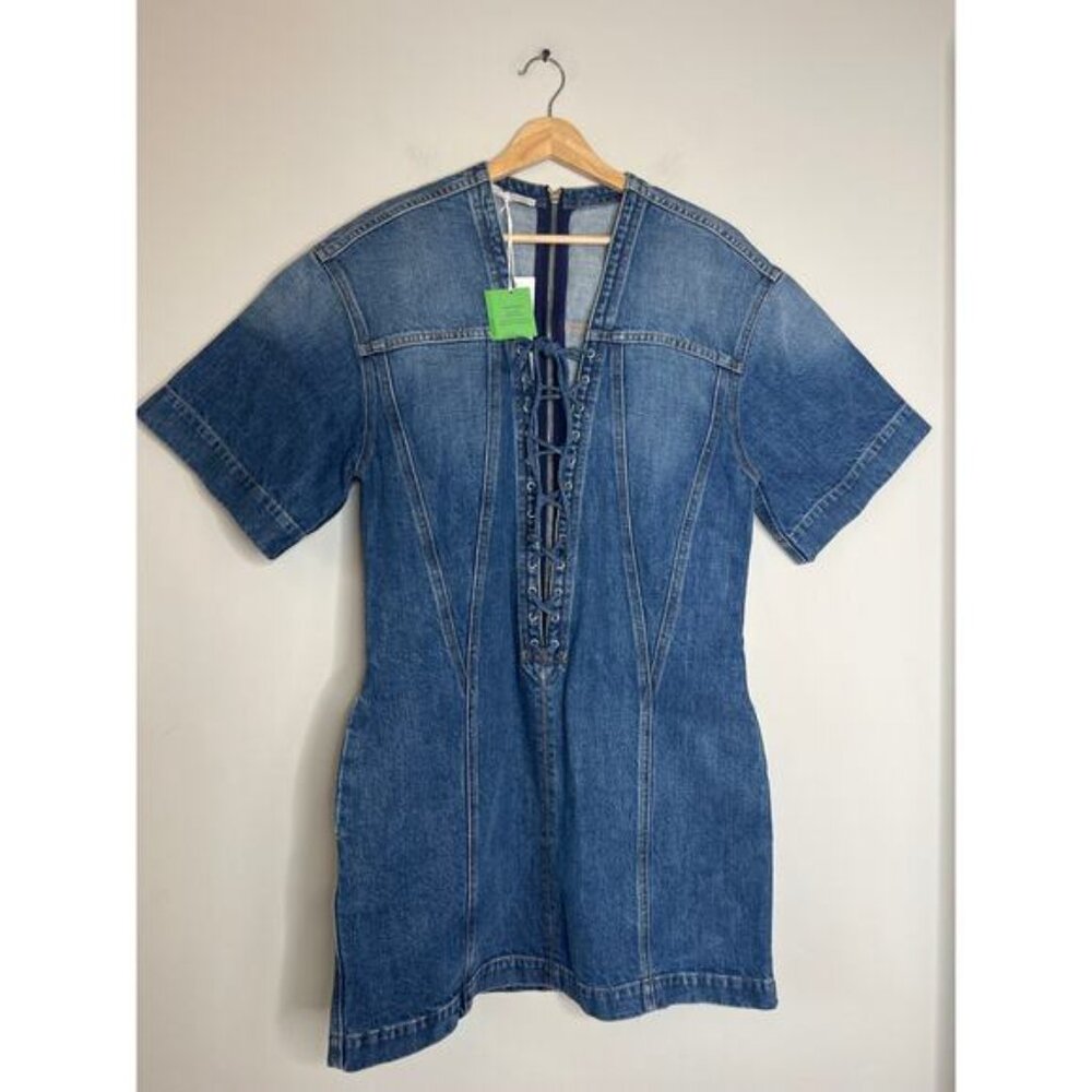 NWT Stella McCartney Lace Detail Short Sleeve Denim Mini Dress Blue Size: Large - Picture 2 of 9